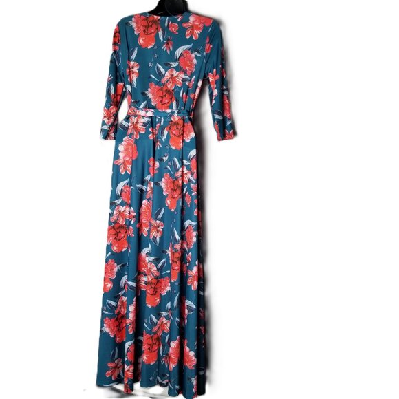 Bon Rosy Teal Floral Maxi Wrap Dress Medium Stretch Belted Boho 3/4 Sleeve - Picture 2 of 10